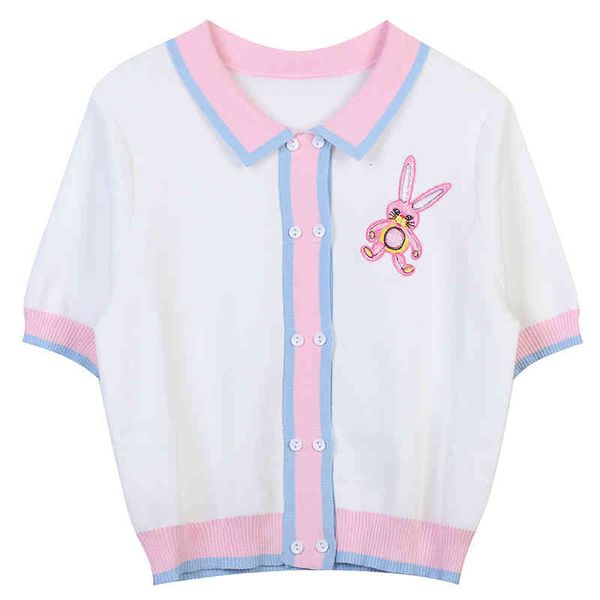 women's sweaters spring and summer knitted coat 2022 stripe cartoon rabbit embroidery sweet college style short sleeved women's t-, White;black
women's sweaters spring and summer knitted coat 2022 stripe cartoon rabbit embroidery sweet college style short sleeved women's t-, White;black