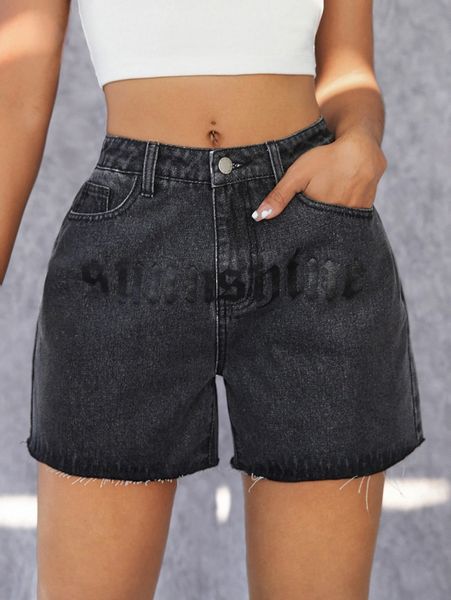 letter graphic raw hem denim shorts r95c#, White;black