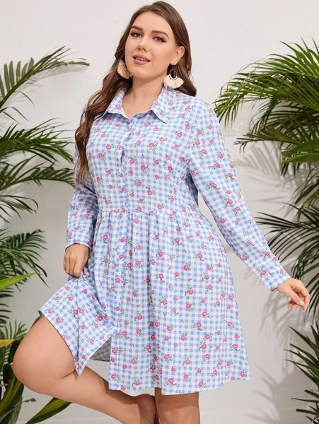 plus ditsy floral & gingham print shirt dress o0re#, Black
plus ditsy floral & gingham print shirt dress o0re#, Black