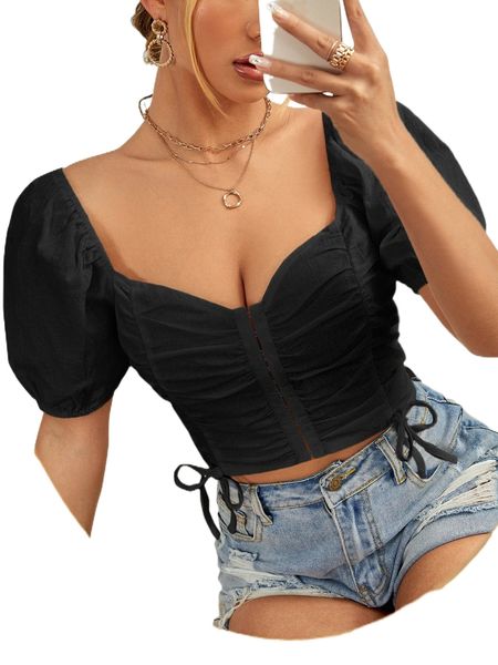 drawstring ruched hook & eye crop blouse l6v5#, White