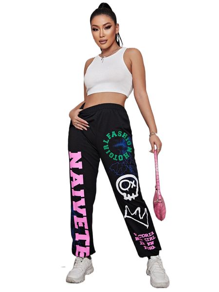 sxy lightning & letter graphic sweatpants h48r#, Black;white