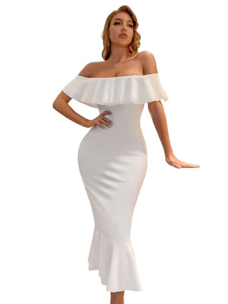 sxy bardot ruffle trim mermaid dress q46x#, Black;gray 
sxy bardot ruffle trim mermaid dress q46x#, Black;gray