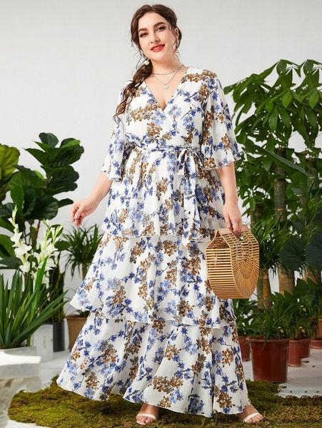 plus random floral print butterfly sleeve layered hem belted maxi dress 33jd#, Black
plus random floral print butterfly sleeve layered hem belted maxi dress 33jd#, Black