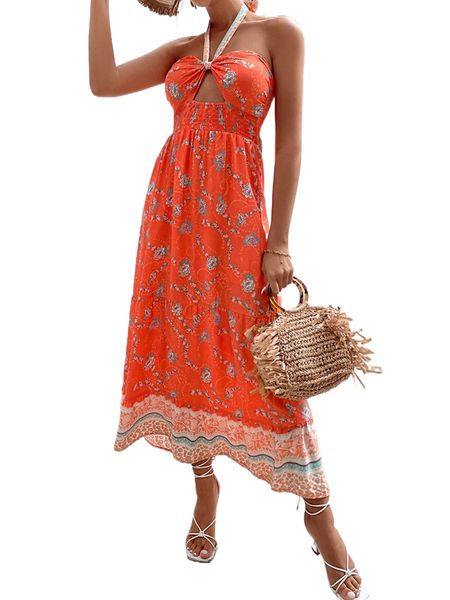floral print cut out front halter dress r6wn#, Black;gray
