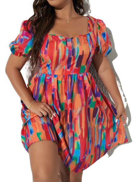 plus brush print puff sleeve a-line dress z7ti#, Black
plus brush print puff sleeve a-line dress z7ti#, Black