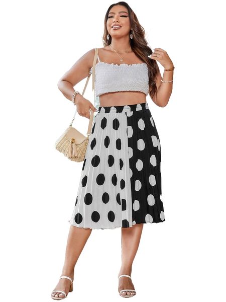 plus two tone polka dot pleated skirt n1dr#, Black