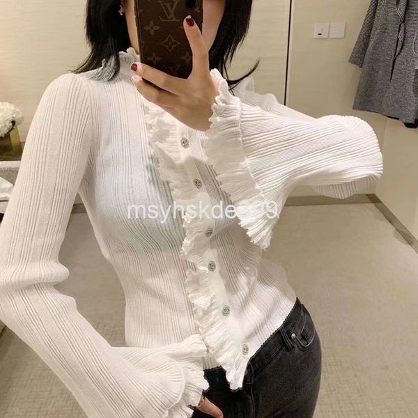 women's knits & tees high neck lotus leaf flower wood ear trumpet sleeve button cardigan black slim women's spring sweater, White
women's knits & tees high neck lotus leaf flower wood ear trumpet sleeve button cardigan black slim women's spring sweater, White