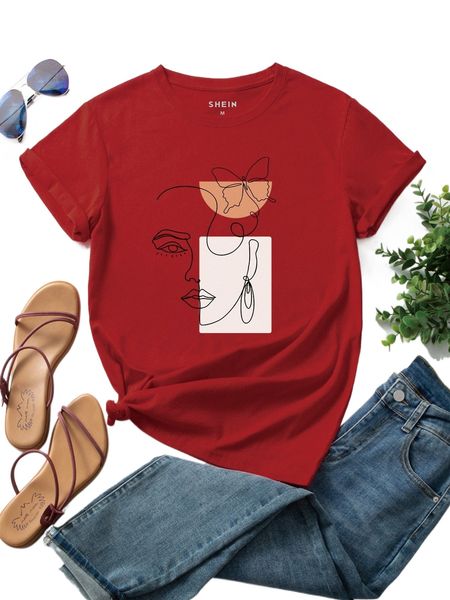 abstract figure and butterfly print tee o8l6#, White