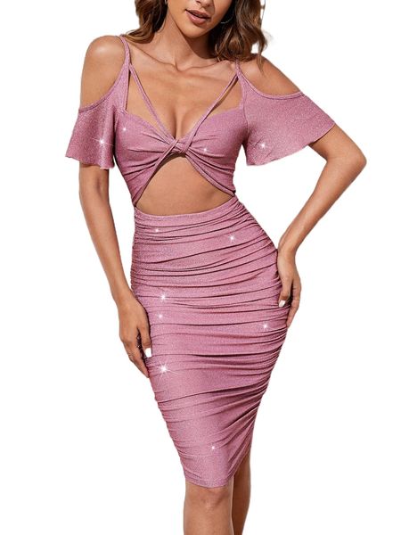 cold shoulder twist front cut out ruched bodycon dress y8o6#, Black;gray 
cold shoulder twist front cut out ruched bodycon dress y8o6#, Black;gray
