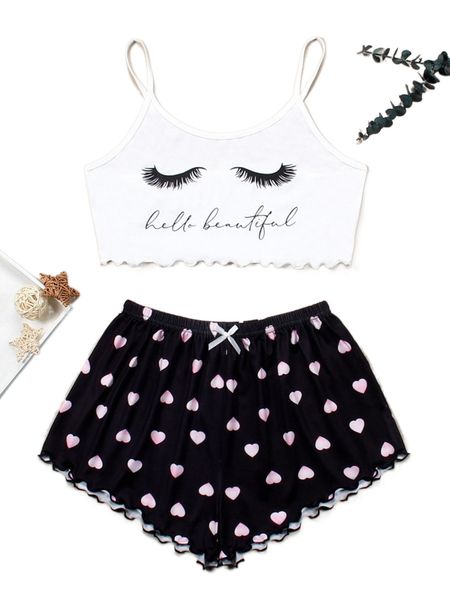 plus heart & letter print lettuce trim pajama set h6hl#, Black;white
plus heart & letter print lettuce trim pajama set h6hl#, Black;white