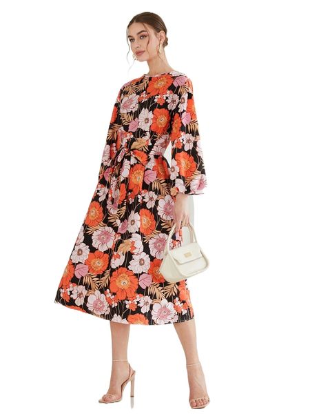 floral print lantern sleeve belted dress 55kl#, Black;gray 
floral print lantern sleeve belted dress 55kl#, Black;gray