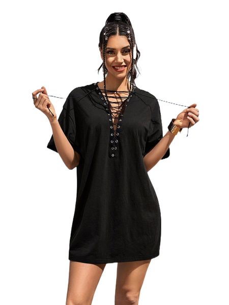 grommet lace up drop shoulder tee dress p7dn#, Black;gray