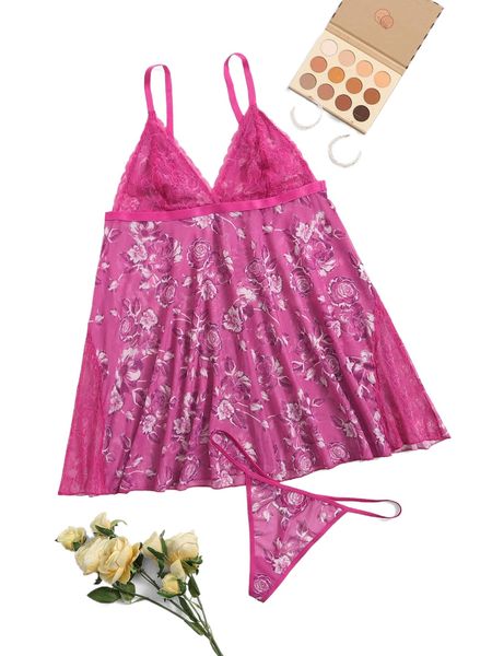 plus floral print contrast lace mesh slips with thong l3gp#, Black;white