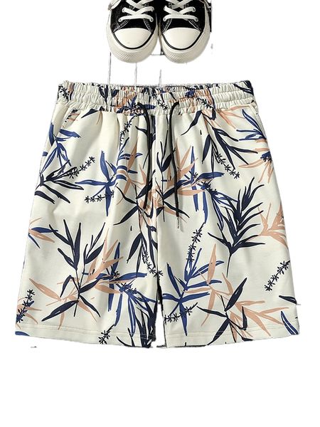 men plant print drawstring waist shorts 02wh#, White;black