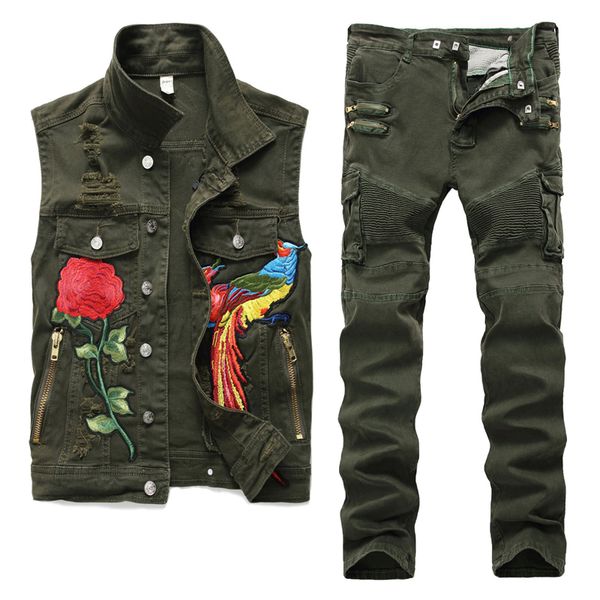 european style tracksuits men's army green loose set hip hop 2 pieces embroidered phoenix flower men clothes hole ripped denim vests pa, Gray
european style tracksuits men's army green loose set hip hop 2 pieces embroidered phoenix flower men clothes hole ripped denim vests pa, Gray