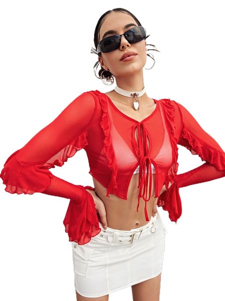 ruffle trim split flounce sleeve knot front crop blouse without bra 70mt#, White
ruffle trim split flounce sleeve knot front crop blouse without bra 70mt#, White