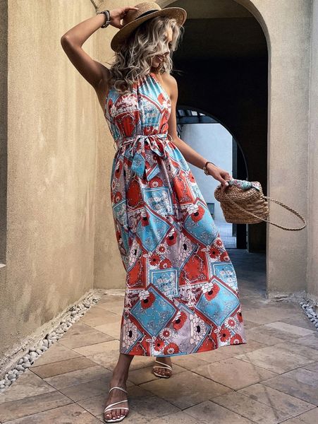 floral scarf print belted halter dress e3st#, Black;gray