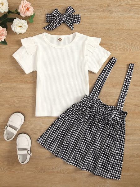 toddler girls ruffle trim tee & houndstooth bow pinafore skirt & headband she, White
toddler girls ruffle trim tee & houndstooth bow pinafore skirt & headband she, White