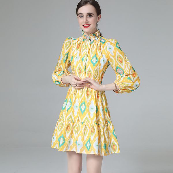 women's runway dress stand collar 3/4 sleeves printed ruffles a line fashion short dresses vestidos, Black
women's runway dress stand collar 3/4 sleeves printed ruffles a line fashion short dresses vestidos, Black
