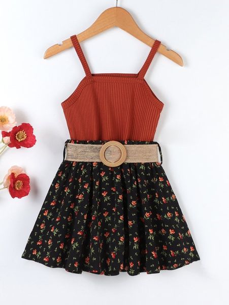 toddler girls ribbed knit cami & floral print belted skirt she, White