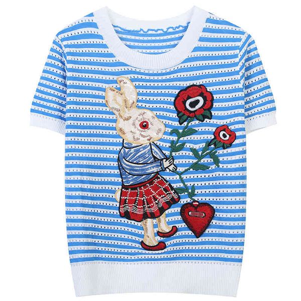 women's sweaters spring t-shirt women 2022 color contrast stripe rabbit flower embroidery sweet age reduction slim round neck thin 68vh, White;black
women's sweaters spring t-shirt women 2022 color contrast stripe rabbit flower embroidery sweet age reduction slim round neck thin 68vh, White;black