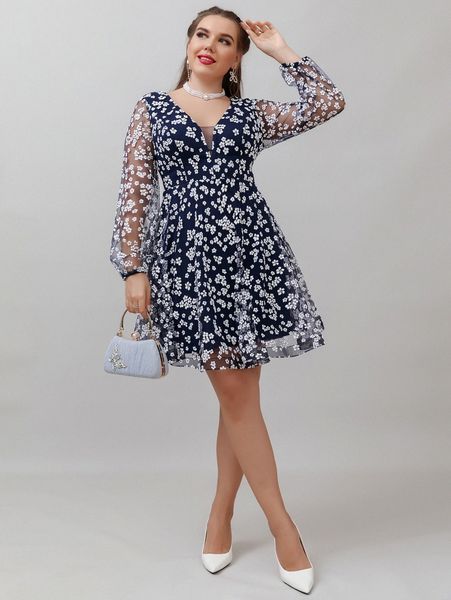 plus floral print bishop sleeve mesh dress k6ol#, Black