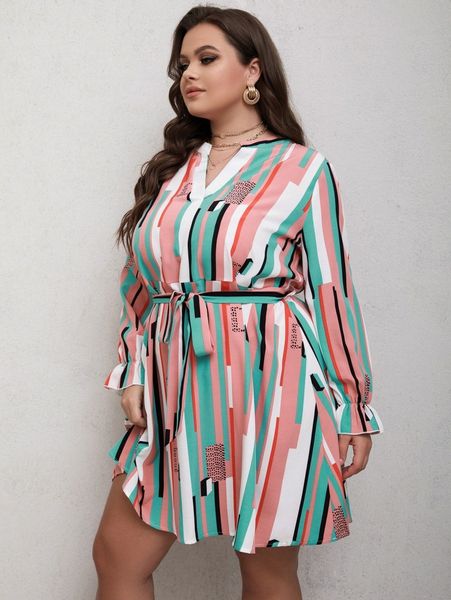 plus striped print belted dress t441#, Black 
plus striped print belted dress t441#, Black