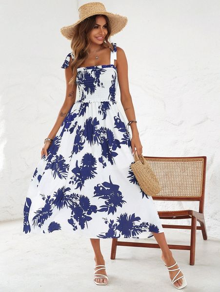 floral print shirred tie shoulder cami dress i5zt#, Black;gray 
floral print shirred tie shoulder cami dress i5zt#, Black;gray