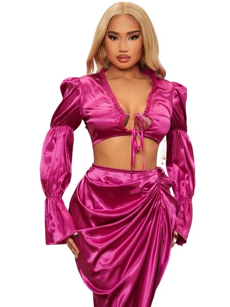 sxy deep v neck lace up flounce sleeve crop satin blouse y4we#, White
