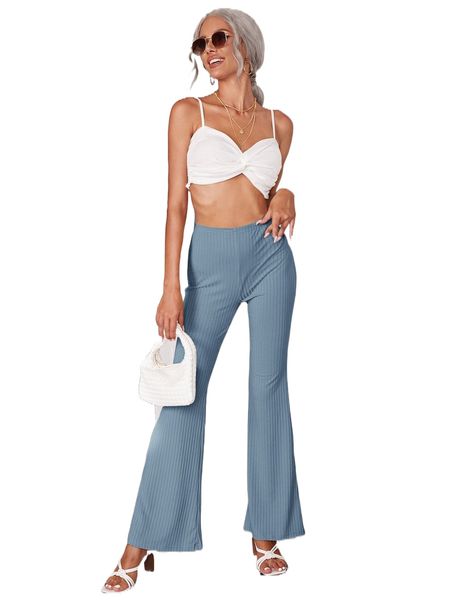 elastic waist flare leg rib-knit pants s26r#, Black;white