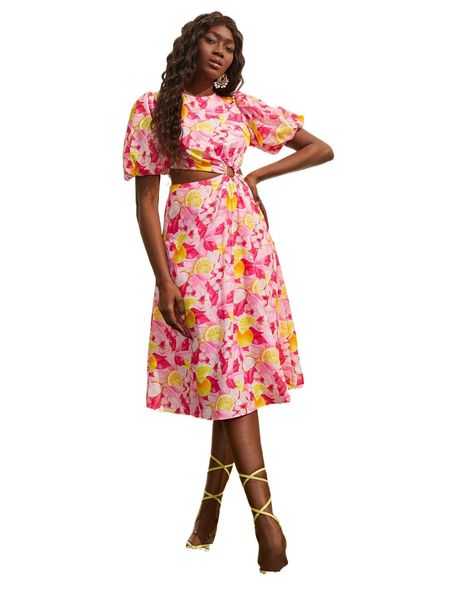 newness fruit print ring cutout puff sleeve dress 03t7#, Black;gray