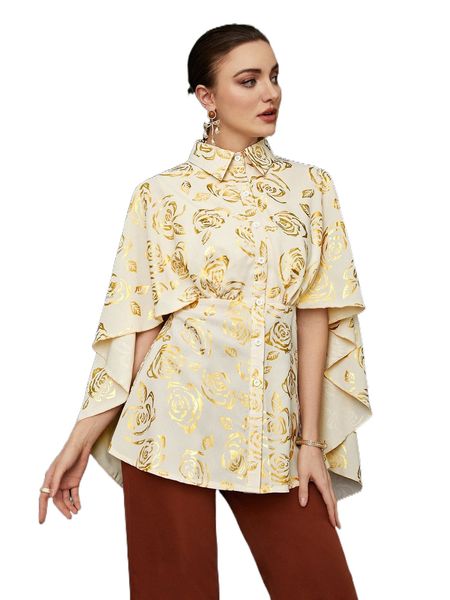 gold floral print cloak sleeve blouse u5s4#, White 
gold floral print cloak sleeve blouse u5s4#, White
