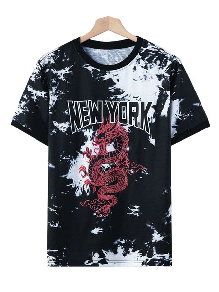 men letter & chinese dragon graphic tie dye tee i8hk#, White;black 
men letter & chinese dragon graphic tie dye tee i8hk#, White;black