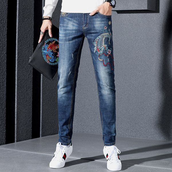 men's jeans designer chinese style carp embroidered jeans men's fashion brand slim fit leggings classical denim pants h4a0, Blue
men's jeans designer chinese style carp embroidered jeans men's fashion brand slim fit leggings classical denim pants h4a0, Blue