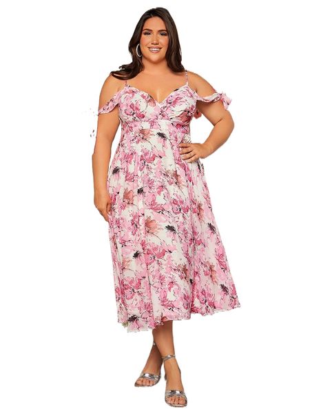 plus floral print cold shoulder chiffon dress 08n6#, Black 
plus floral print cold shoulder chiffon dress 08n6#, Black
