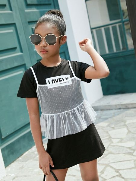 girls letter graphic tee dress with sheer mesh cami she, White 
girls letter graphic tee dress with sheer mesh cami she, White