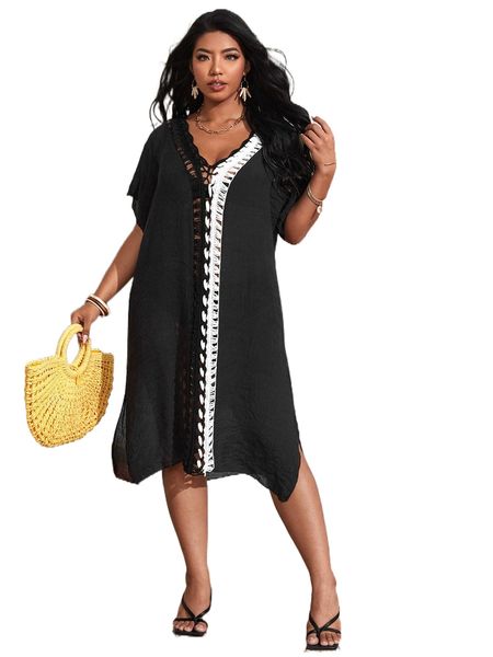 plus crochet trim cover up o20d#, Black
plus crochet trim cover up o20d#, Black