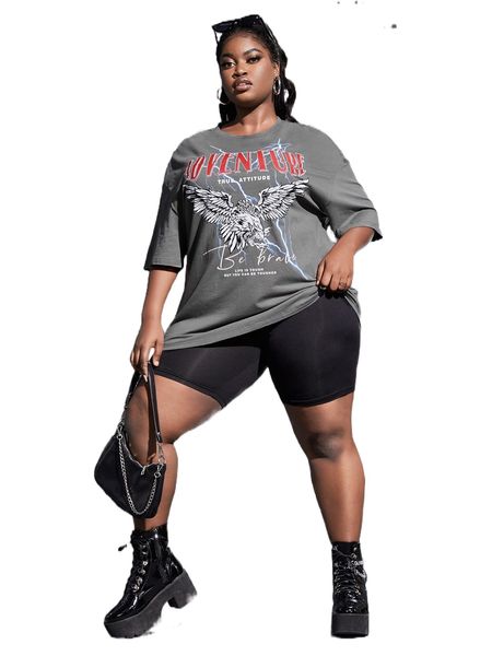 sxy plus eagle & slogan graphic drop shoulder tee p57n#, Black
sxy plus eagle & slogan graphic drop shoulder tee p57n#, Black