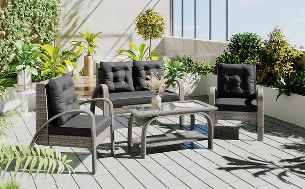 outdoor terrace 4 piece combination rattan sofa set all weather pe wicker conversation set with tempered glass storage coffee table
outdoor terrace 4 piece combination rattan sofa set all weather pe wicker conversation set with tempered glass storage coffee table
