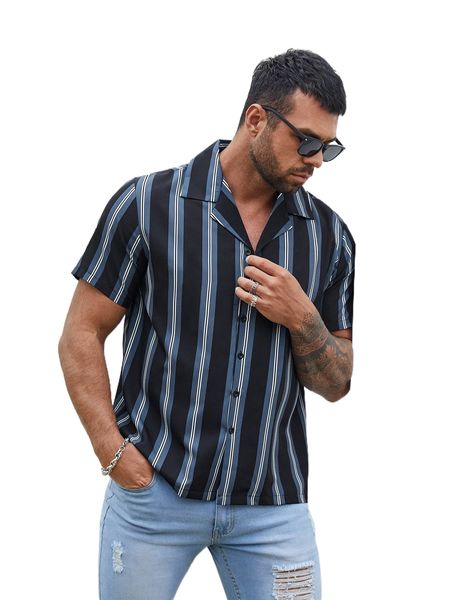 extended sizes men striped print shirt j9ej#, White;black 
extended sizes men striped print shirt j9ej#, White;black