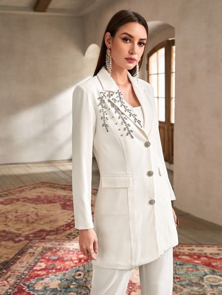 rhinestone flap pocket blazer f1v6#, White
rhinestone flap pocket blazer f1v6#, White