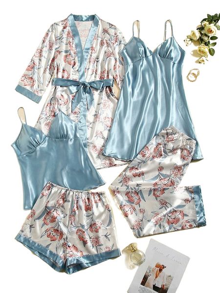 5pcs floral print belted satin robe & cami & night dress & pants shorts 01rr#, Black;red
5pcs floral print belted satin robe & cami & night dress & pants shorts 01rr#, Black;red