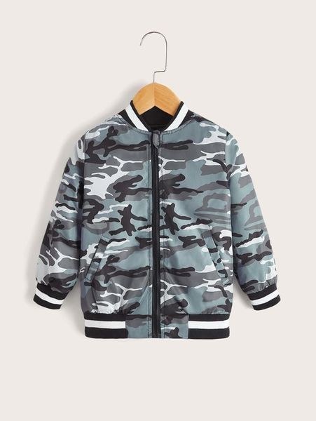 toddler boys camo print striped trim bomber jacket she, Blue;gray 
toddler boys camo print striped trim bomber jacket she, Blue;gray