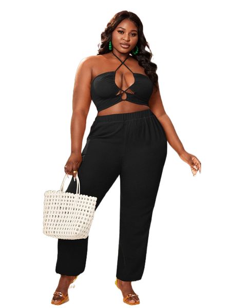 sxy plus crisscross front shirred back halter & pants u47p#, Black 
sxy plus crisscross front shirred back halter & pants u47p#, Black