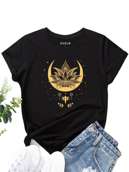 moon & lotus print tee 07t0#, White