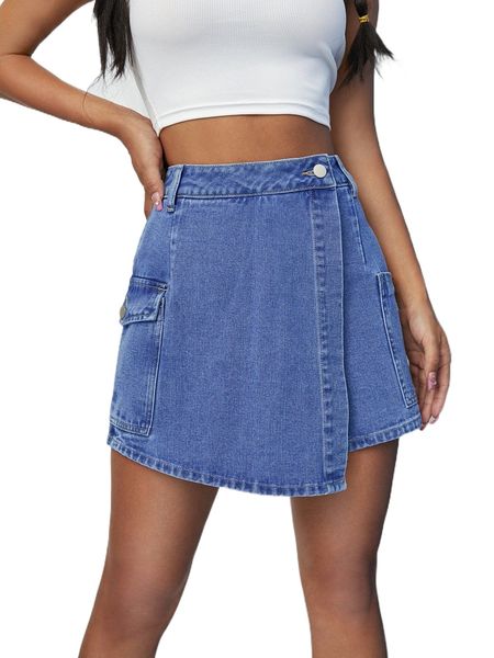 high waist flap pocket side denim skort 74m6#, White;black