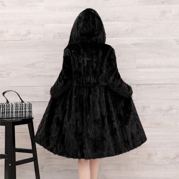 natural real pieces mink fur coat female mink fur long overcoat hooded 201103, Black