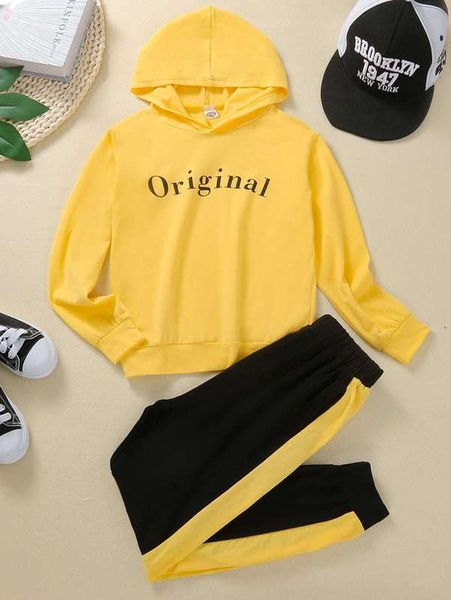 girls' lettered hoodie and patchwork side seam pant she, White