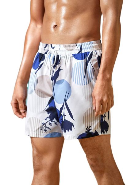 men polka dot & floral print drawstring waist shorts m0pc#, White;black 
men polka dot & floral print drawstring waist shorts m0pc#, White;black