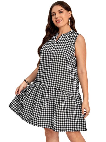 plus gingham notched neck ruffle hem dress i34k#, Black
plus gingham notched neck ruffle hem dress i34k#, Black